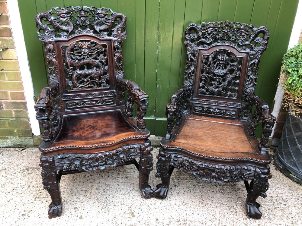 Magnificent ‘matched pair’ of late C19th Chinese Qing Dynasty carved hardwood ‘hongmu’  throne-style armchairs. View XII