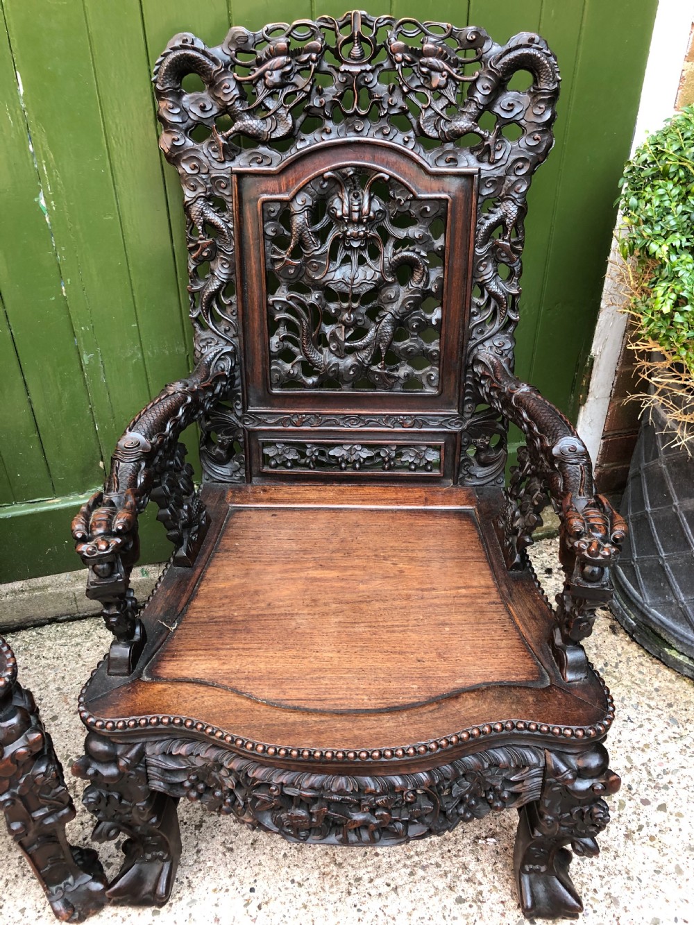 Magnificent ‘matched pair’ of late C19th Chinese Qing Dynasty carved hardwood ‘hongmu’  throne-style armchairs. View XIII