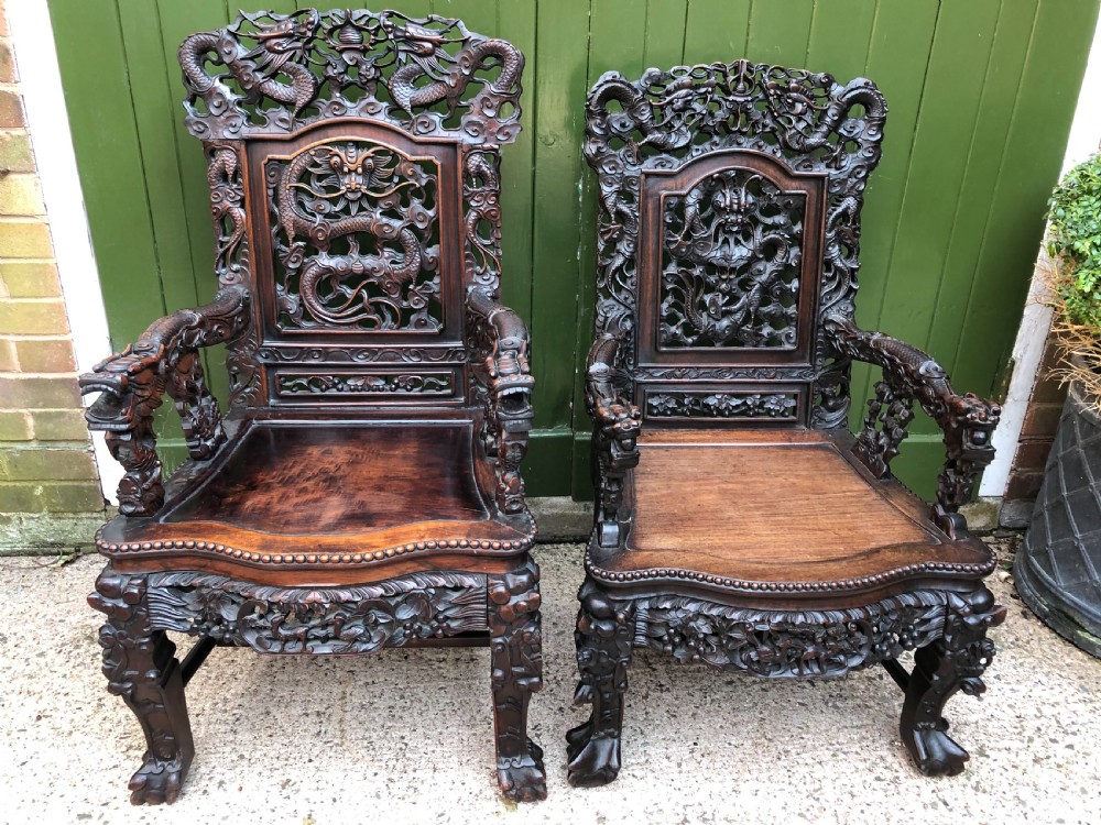 Magnificent ‘matched pair’ of late C19th Chinese Qing Dynasty carved hardwood ‘hongmu’  throne-style armchairs. View XIV