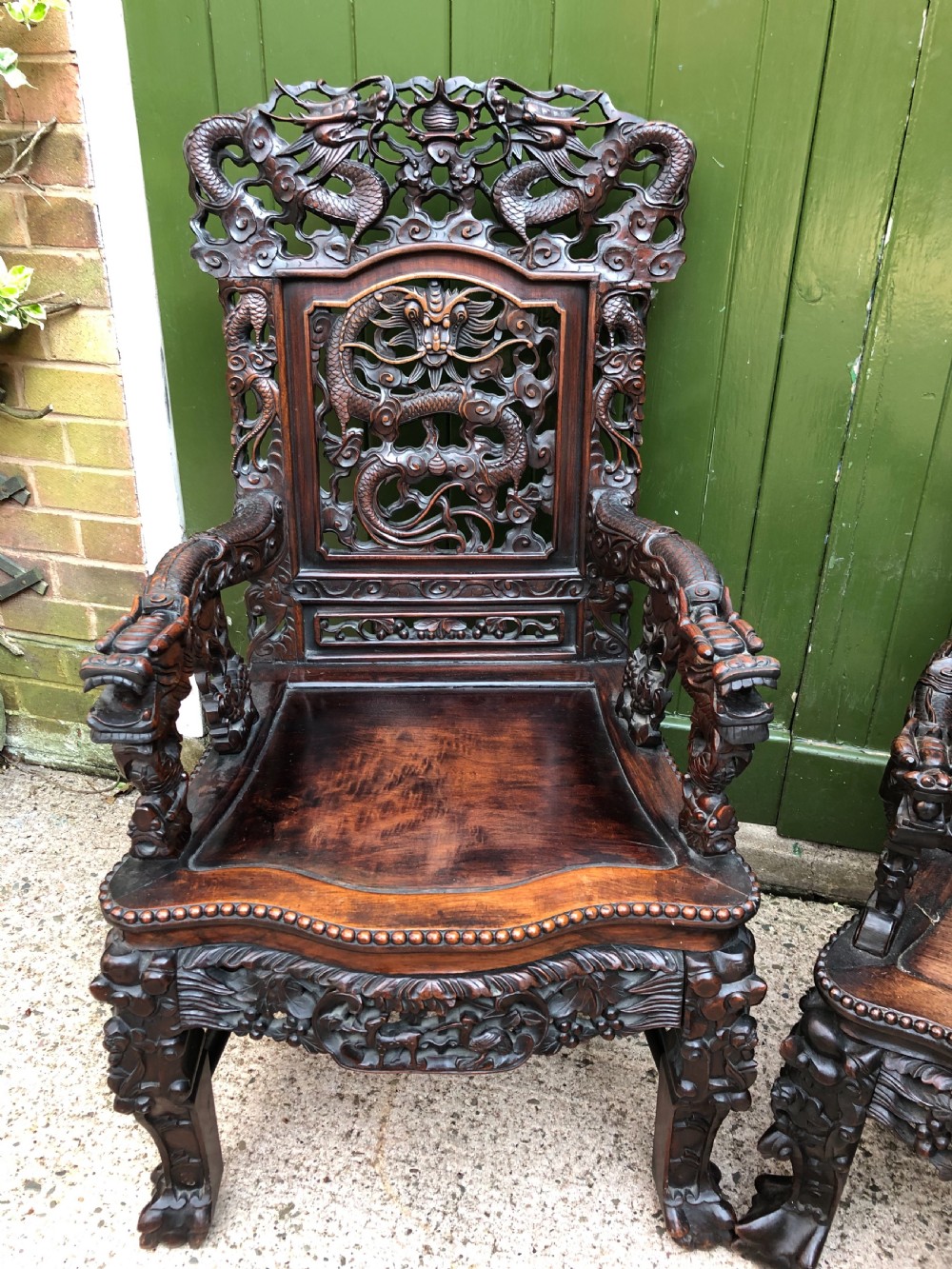 Magnificent ‘matched pair’ of late C19th Chinese Qing Dynasty carved hardwood ‘hongmu’  throne-style armchairs. View XV