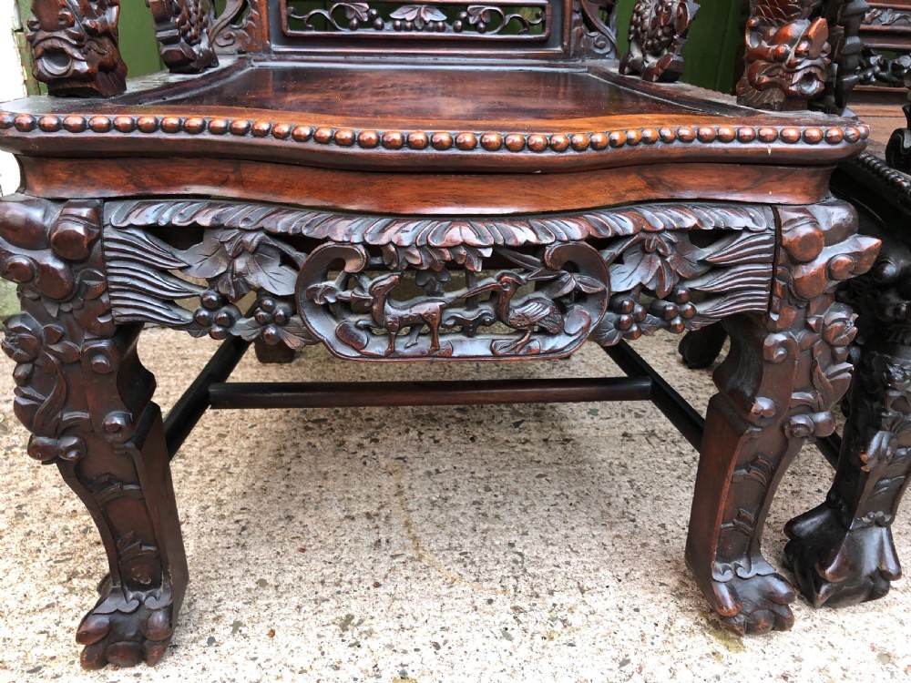 Magnificent ‘matched pair’ of late C19th Chinese Qing Dynasty carved hardwood ‘hongmu’  throne-style armchairs. View XVI