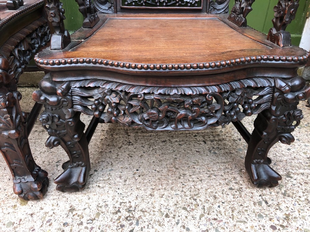 Magnificent ‘matched pair’ of late C19th Chinese Qing Dynasty carved hardwood ‘hongmu’  throne-style armchairs. View XVII