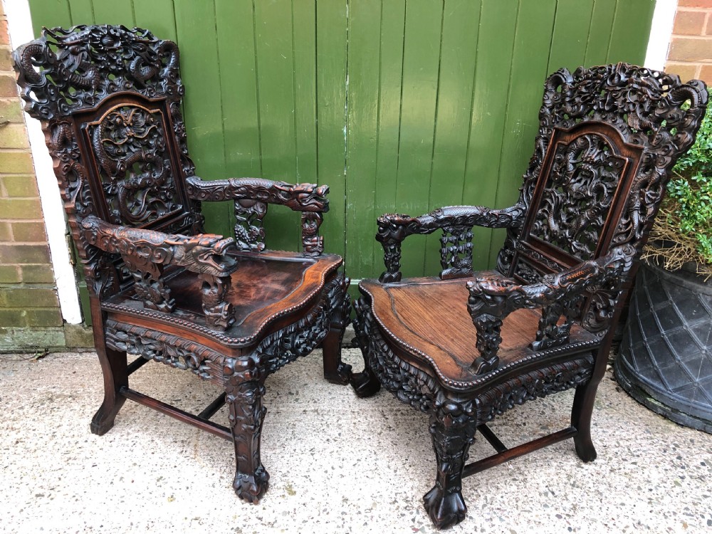 Magnificent ‘matched pair’ of late C19th Chinese Qing Dynasty carved hardwood ‘hongmu’  throne-style armchairs. View XVIII
