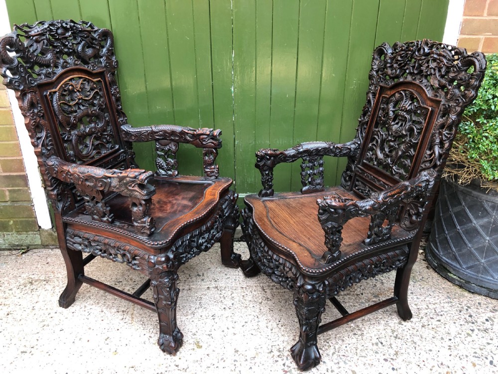 Magnificent ‘matched pair’ of late C19th Chinese Qing Dynasty carved hardwood ‘hongmu’  throne-style armchairs. View XIX