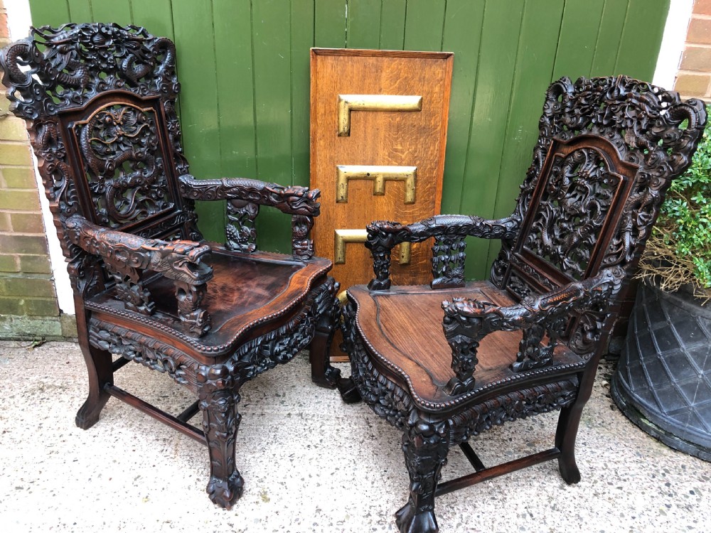 Magnificent ‘matched pair’ of late C19th Chinese Qing Dynasty carved hardwood ‘hongmu’  throne-style armchairs. View XX