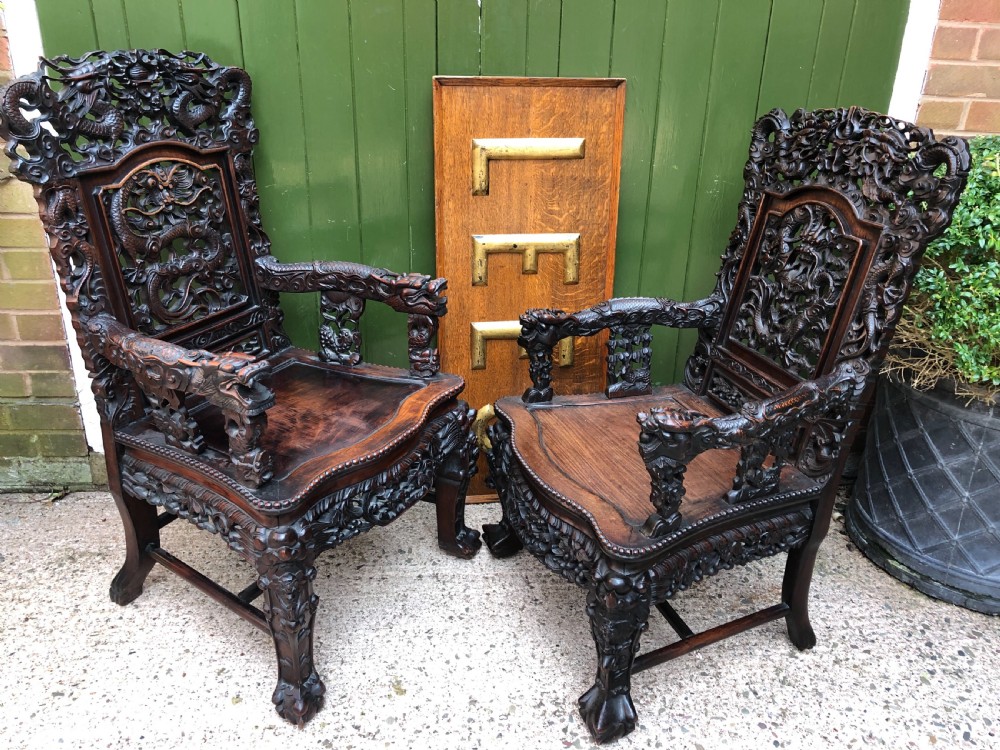 Magnificent ‘matched pair’ of late C19th Chinese Qing Dynasty carved hardwood ‘hongmu’  throne-style armchairs. View XXI