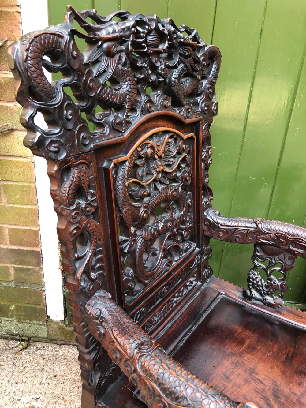 Magnificent ‘matched pair’ of late C19th Chinese Qing Dynasty carved hardwood ‘hongmu’  throne-style armchairs. View XXIII