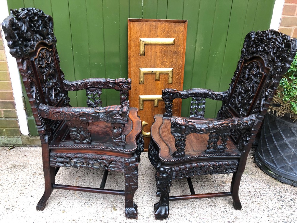 Magnificent ‘matched pair’ of late C19th Chinese Qing Dynasty carved hardwood ‘hongmu’  throne-style armchairs. View XXIV