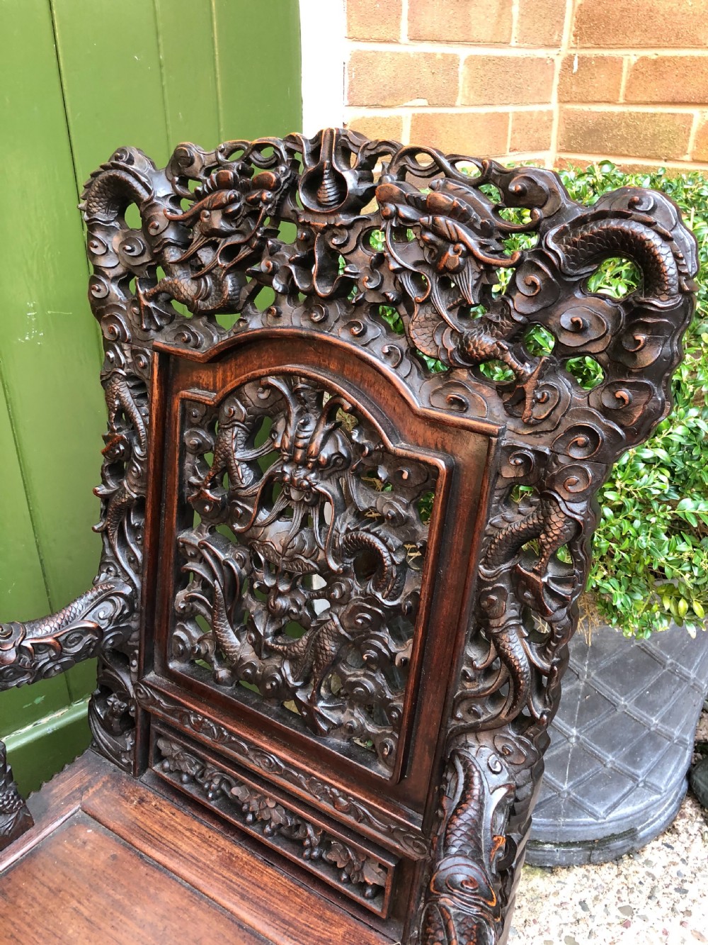 Magnificent ‘matched pair’ of late C19th Chinese Qing Dynasty carved hardwood ‘hongmu’  throne-style armchairs. View XXV