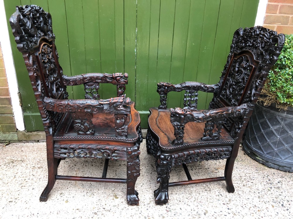 Magnificent ‘matched pair’ of late C19th Chinese Qing Dynasty carved hardwood ‘hongmu’  throne-style armchairs. View XXVI