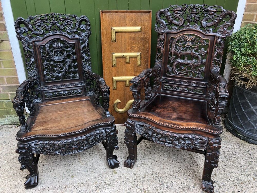 Magnificent ‘matched pair’ of late C19th Chinese Qing Dynasty carved hardwood ‘hongmu’  throne-style armchairs. View XXVIII