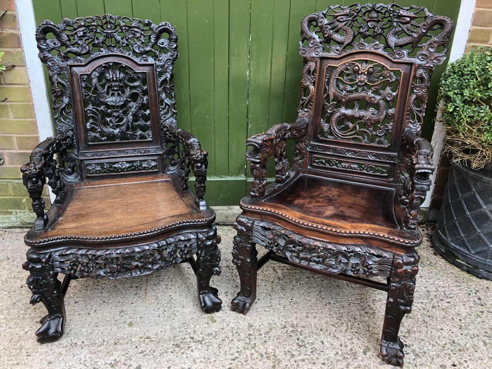 Magnificent ‘matched pair’ of late C19th Chinese Qing Dynasty carved hardwood ‘hongmu’  throne-style armchairs. View XXIX