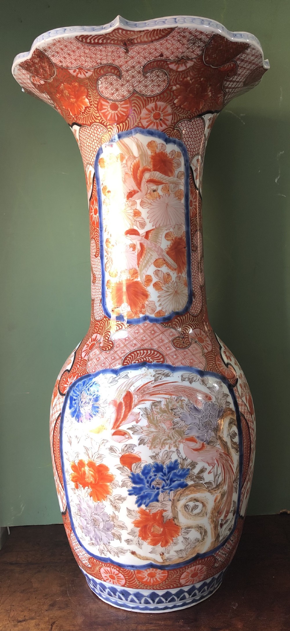 Large late C19th Japanese Kutani porcelain vase with flared neck .
