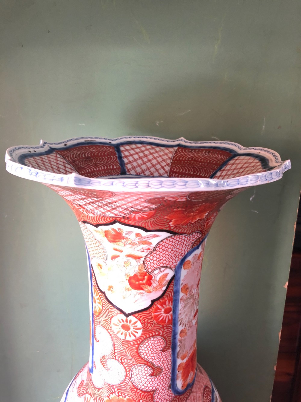 Large late C19th Japanese Kutani porcelain vase with flared neck . View X