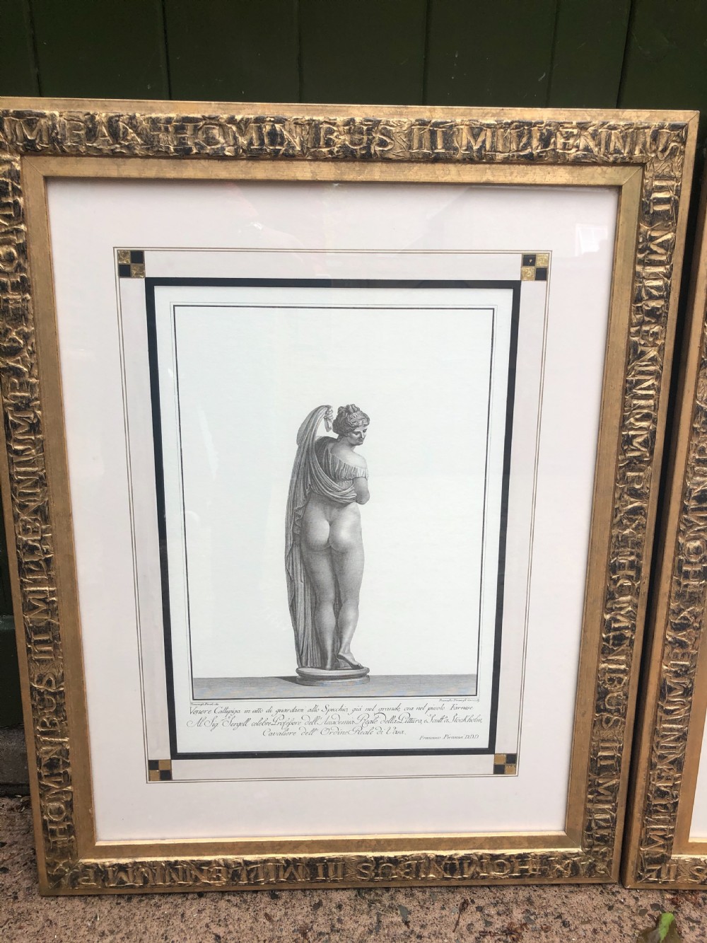 A pair of framed late 18th-century Neoclassical engravings depicting classical Greco-Roman statues in gilded wooden frames. View III