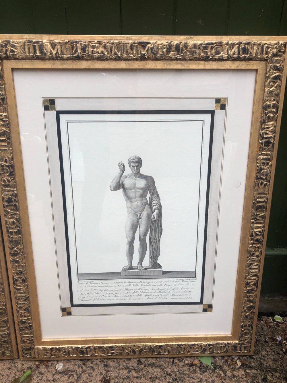 A pair of framed late 18th-century Neoclassical engravings depicting classical Greco-Roman statues in gilded wooden frames. View IV