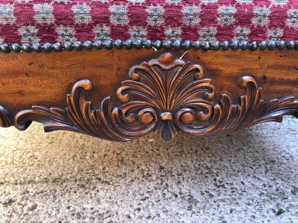 Large early C20th carved walnut-framed upholstered stool of mid C19th design. View III