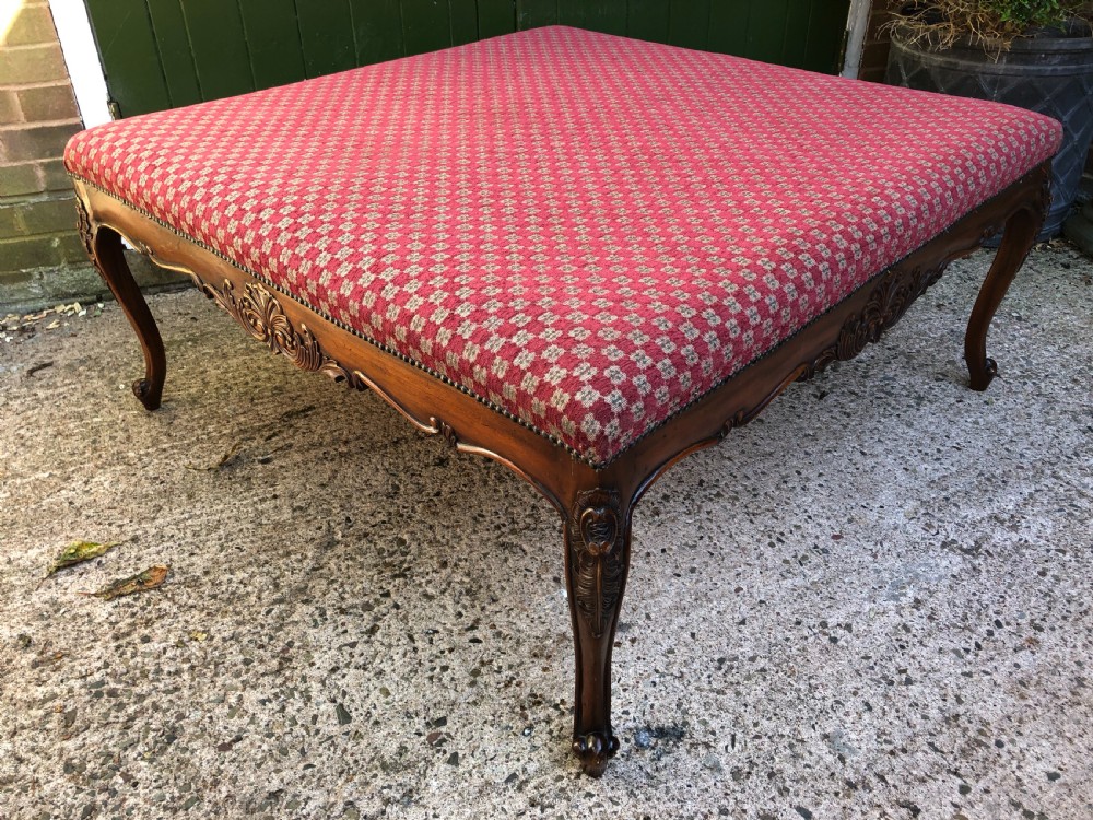 Large early C20th carved walnut-framed upholstered stool of mid C19th design. View X