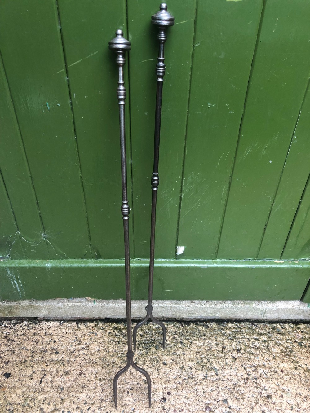 Rare pair of late C18th George III period ‘country-house’ steel fire-place log forks . View VI