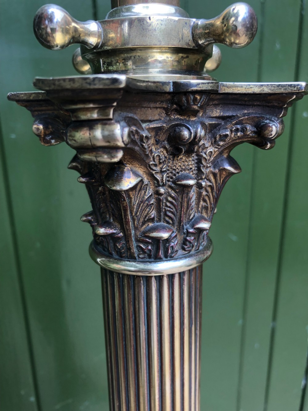 Early C20th Edwardian period brass classical column adjustable-height standard lamp . View VIII