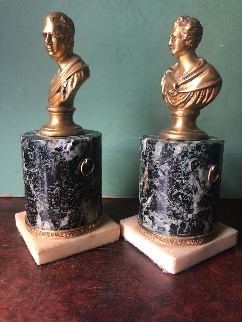 Pair of early C19th Regency period gilt bronze bust studies of Sir Walter Scott and Robert Burns on marble bases .  View III
