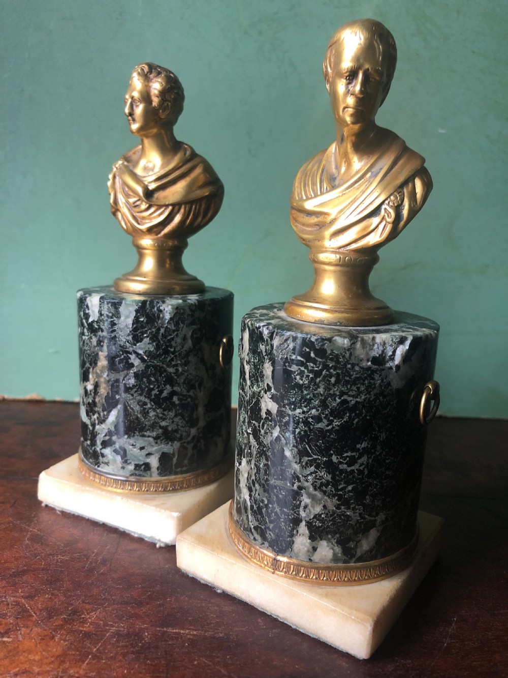 Pair of early C19th Regency period gilt bronze bust studies of Sir Walter Scott and Robert Burns on marble bases .  View XIX