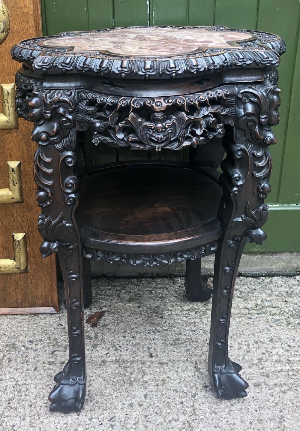 Superb quality large-scale late C19th Chinese Qing Dynasty carved hardwood jardiniere stand with rouge marble inset top .