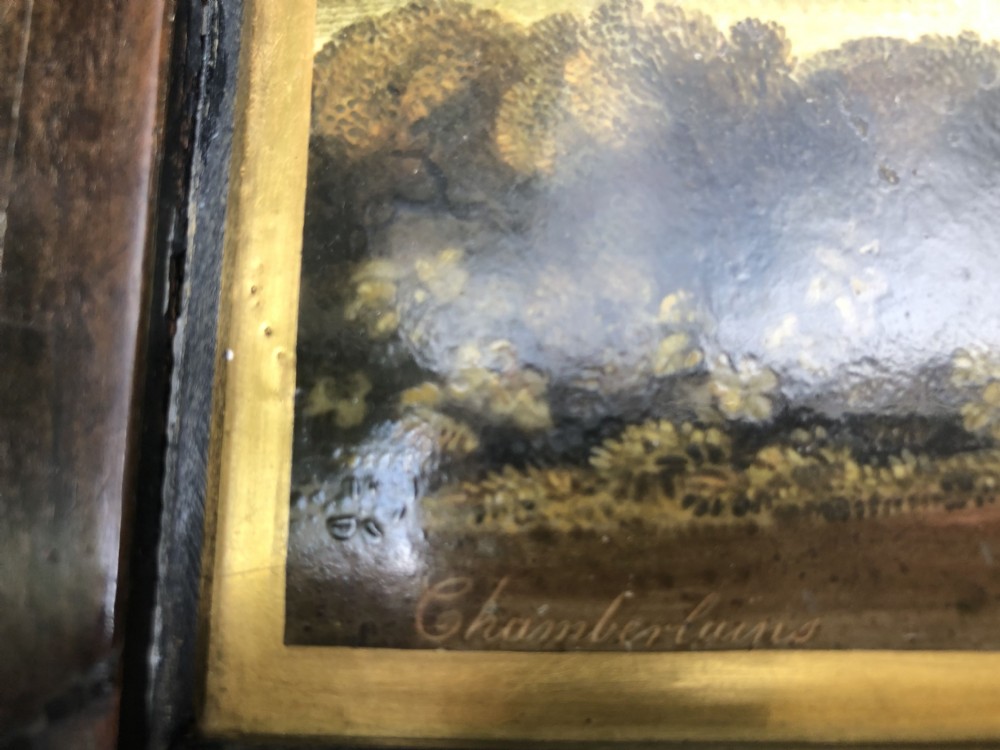 Rare early C19th brass marquetry inlaid table the top fitted with a porcelain plaque by Chamberlains of Worcester.  View XIII