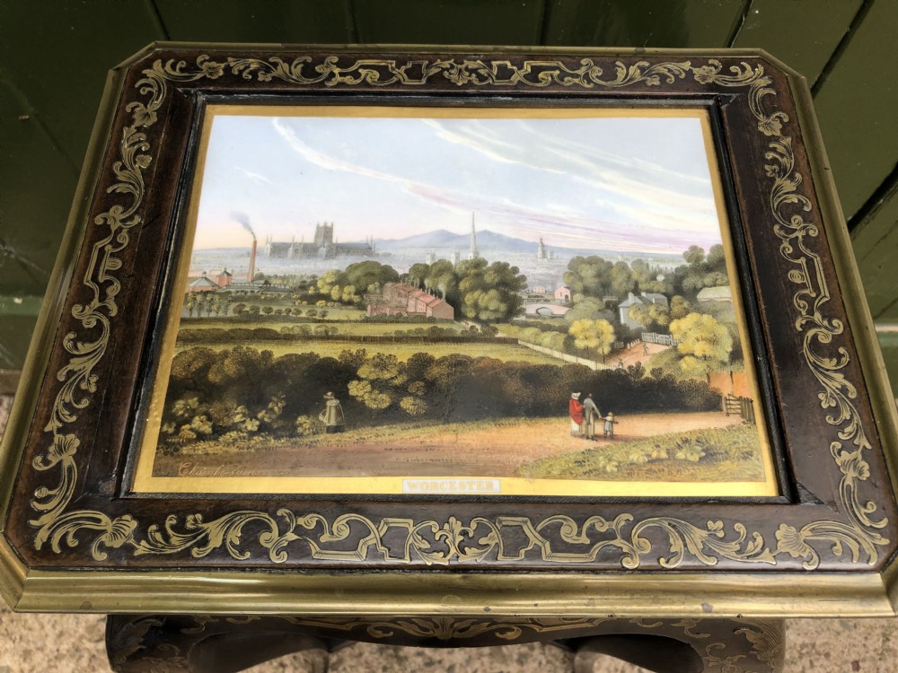 Rare early C19th brass marquetry inlaid table the top fitted with a porcelain plaque by Chamberlains of Worcester.  View XIV