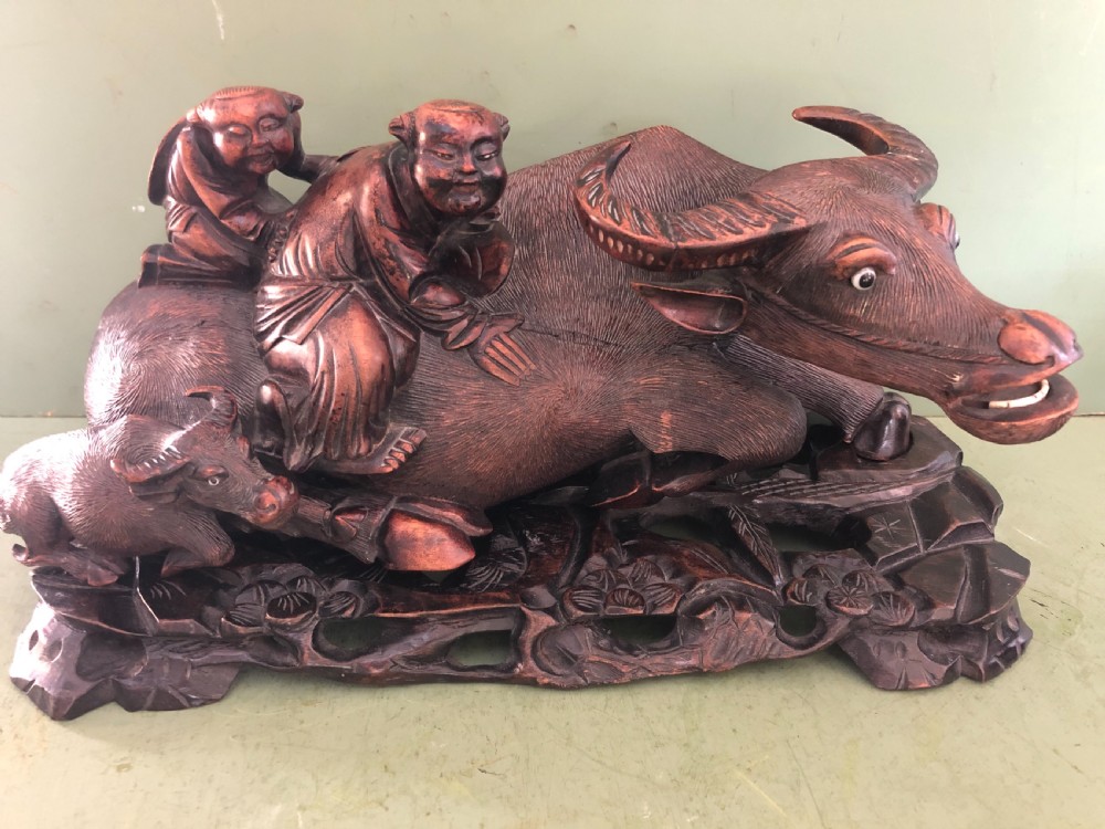 Large pair of late C19th Chinese Qing Dynasty carved hardwood water buffaloes and herd-boys . View II