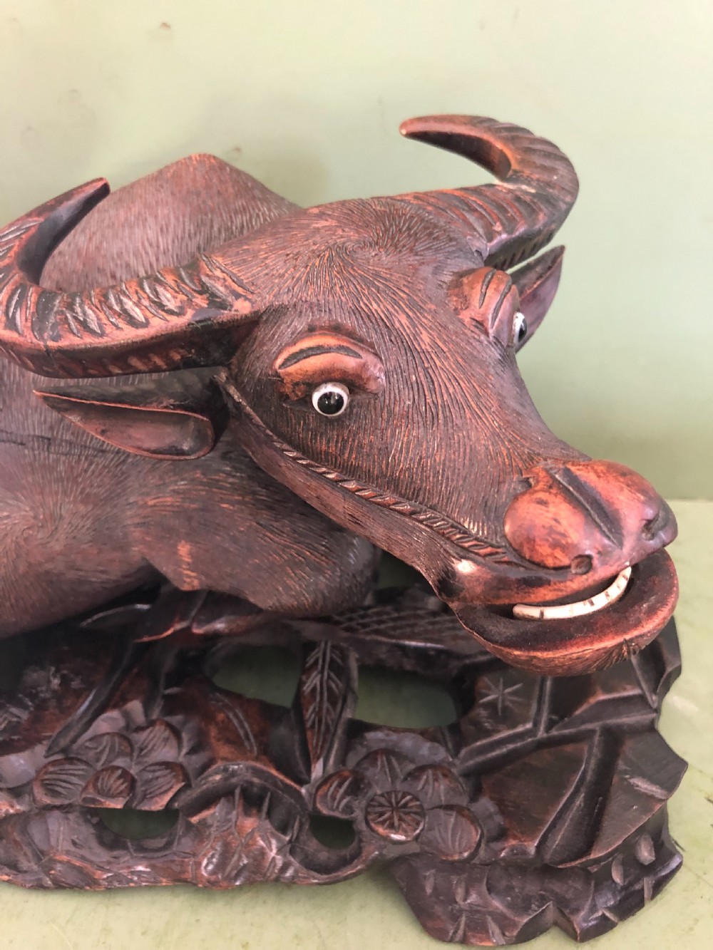 Large pair of late C19th Chinese Qing Dynasty carved hardwood water buffaloes and herd-boys . View III