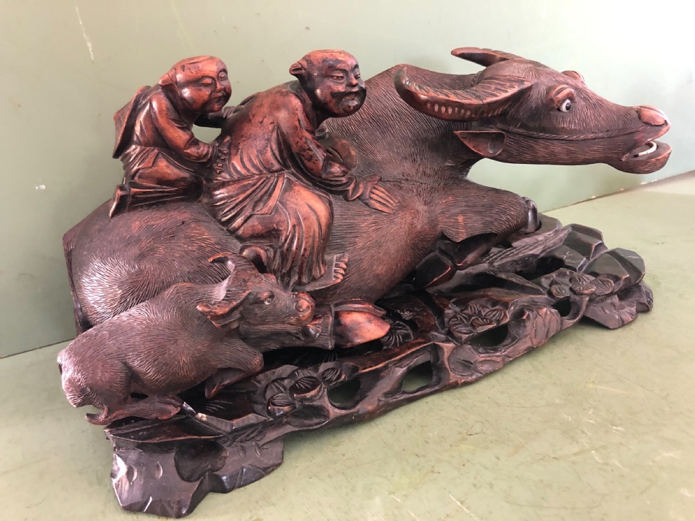 Large pair of late C19th Chinese Qing Dynasty carved hardwood water buffaloes and herd-boys . View IV