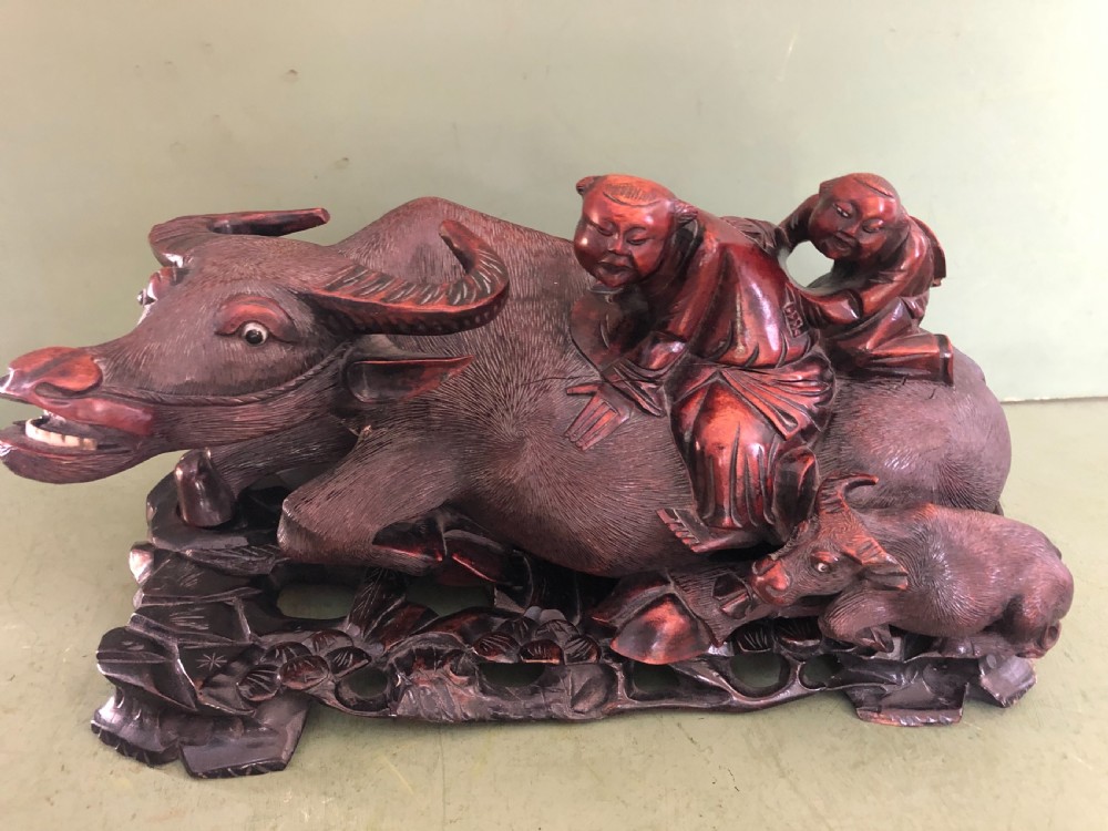 Large pair of late C19th Chinese Qing Dynasty carved hardwood water buffaloes and herd-boys . View V