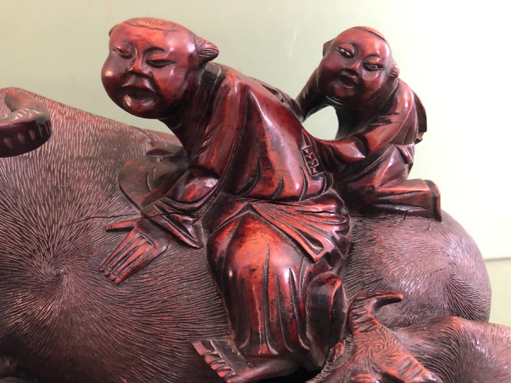 Large pair of late C19th Chinese Qing Dynasty carved hardwood water buffaloes and herd-boys . View VI