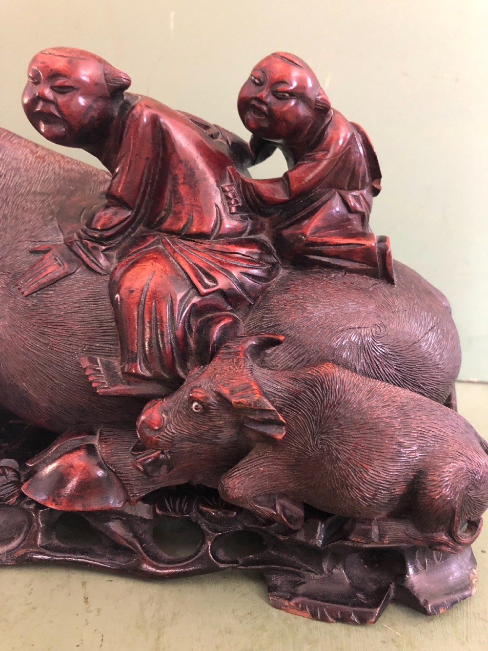 Large pair of late C19th Chinese Qing Dynasty carved hardwood water buffaloes and herd-boys . View VII