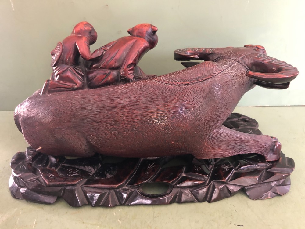 Large pair of late C19th Chinese Qing Dynasty carved hardwood water buffaloes and herd-boys . View VIII