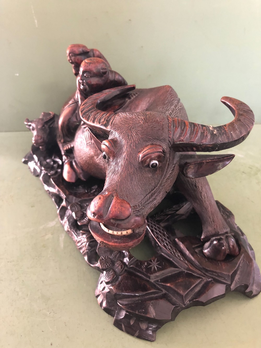 Large pair of late C19th Chinese Qing Dynasty carved hardwood water buffaloes and herd-boys . View IX