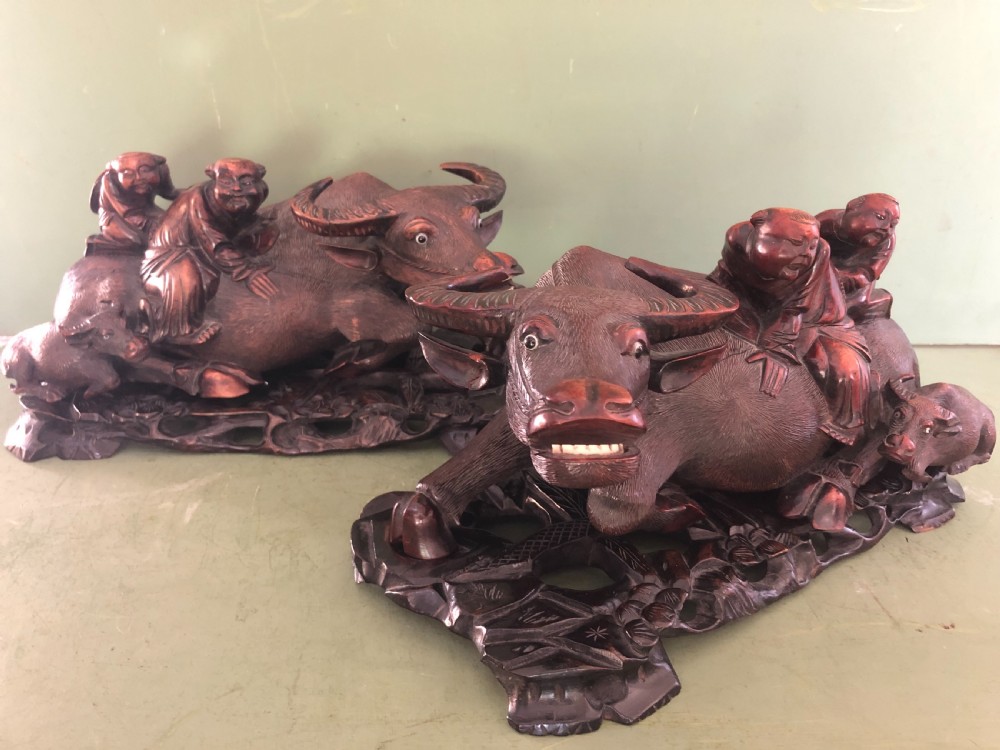 Large pair of late C19th Chinese Qing Dynasty carved hardwood water buffaloes and herd-boys . View X