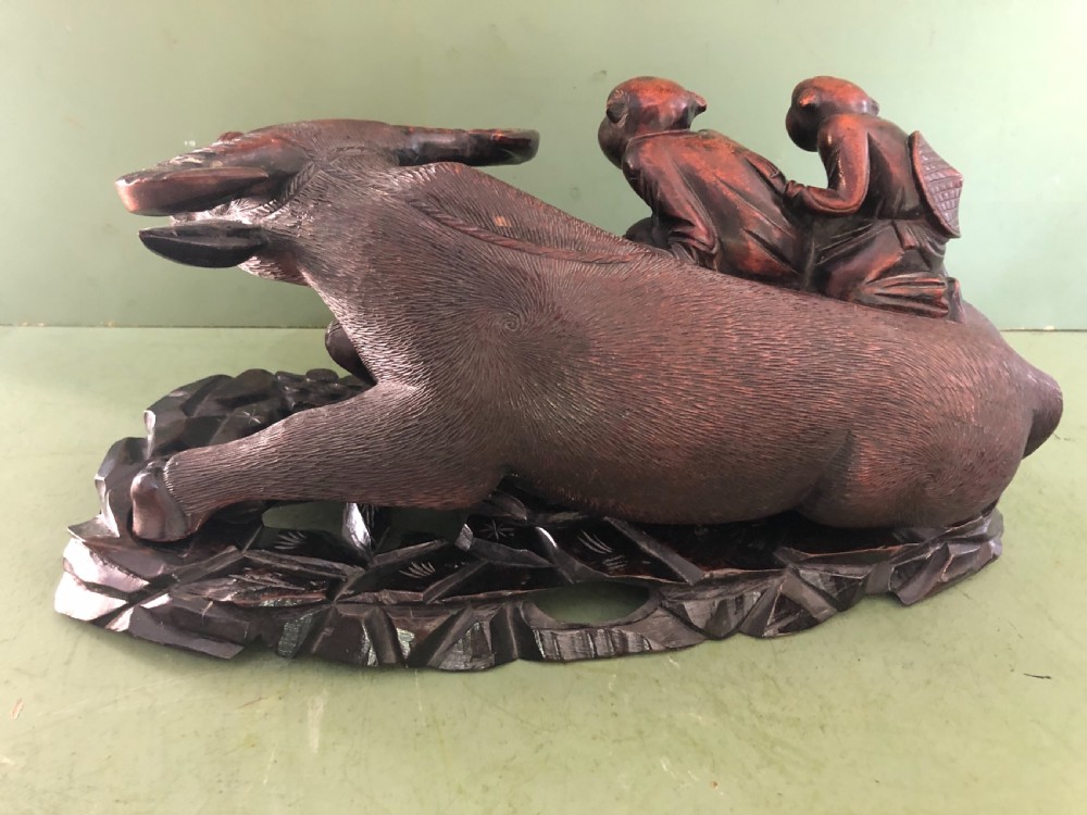 Large pair of late C19th Chinese Qing Dynasty carved hardwood water buffaloes and herd-boys . View XI
