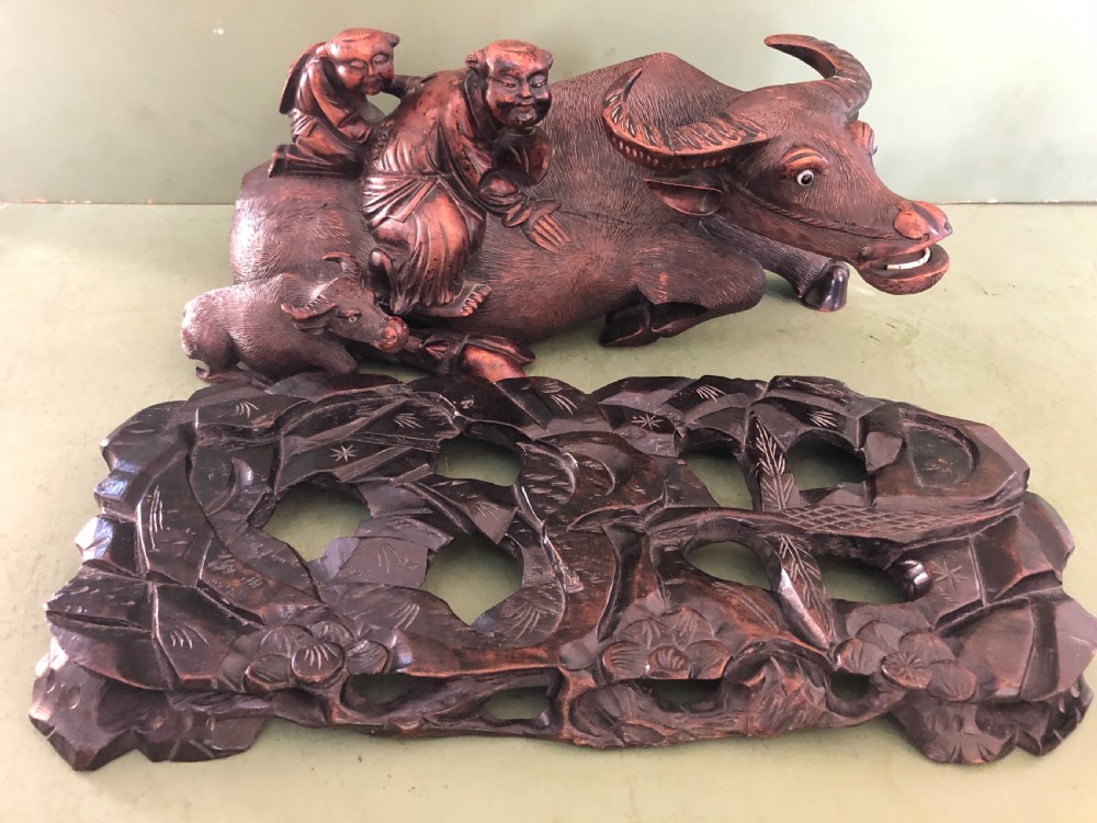 Large pair of late C19th Chinese Qing Dynasty carved hardwood water buffaloes and herd-boys . View XII