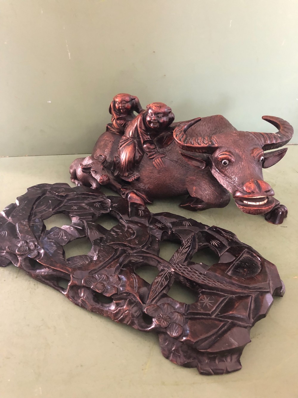 Large pair of late C19th Chinese Qing Dynasty carved hardwood water buffaloes and herd-boys . View XIII