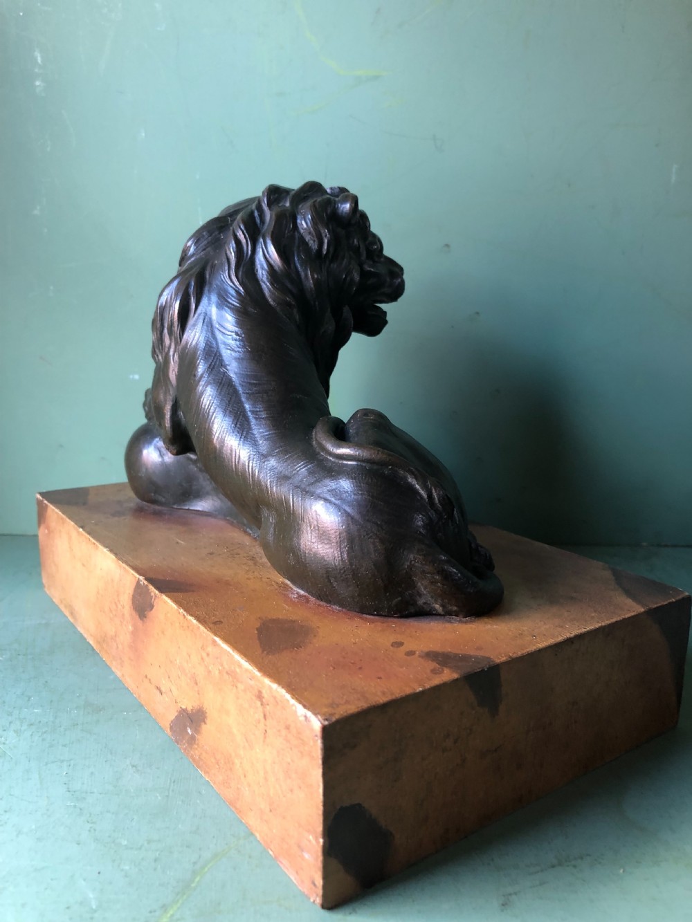 Fine pair of C18th Italian bronze lions mounted on ‘faux’ marble decorated plinth bases . View VII