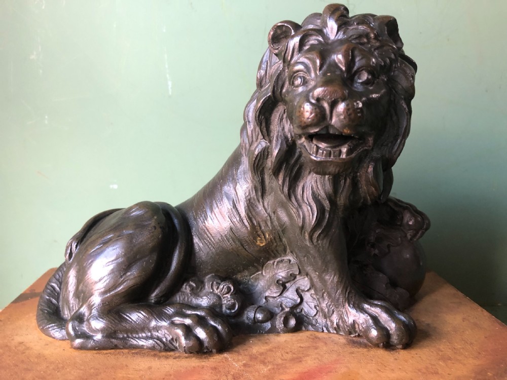 Fine pair of C18th Italian bronze lions mounted on ‘faux’ marble decorated plinth bases . View IX