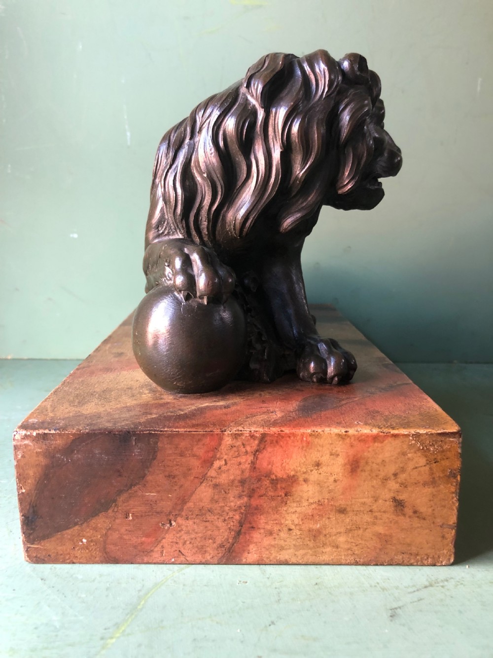 Fine pair of C18th Italian bronze lions mounted on ‘faux’ marble decorated plinth bases . View XIII