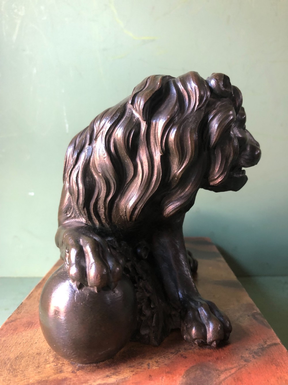 Fine pair of C18th Italian bronze lions mounted on ‘faux’ marble decorated plinth bases . View XIV