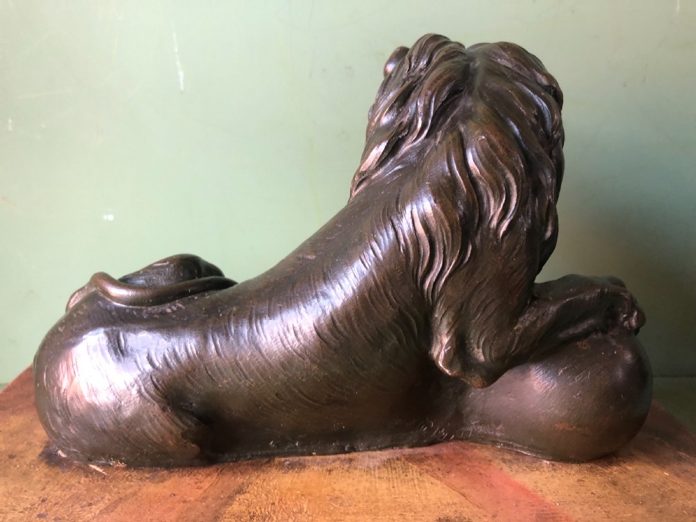 Fine pair of C18th Italian bronze lions mounted on ‘faux’ marble decorated plinth bases . View XV