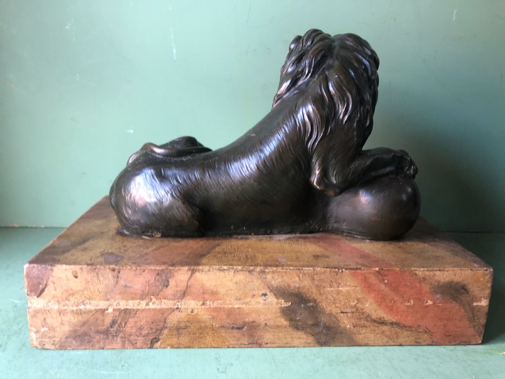 Fine pair of C18th Italian bronze lions mounted on ‘faux’ marble decorated plinth bases . View XVI