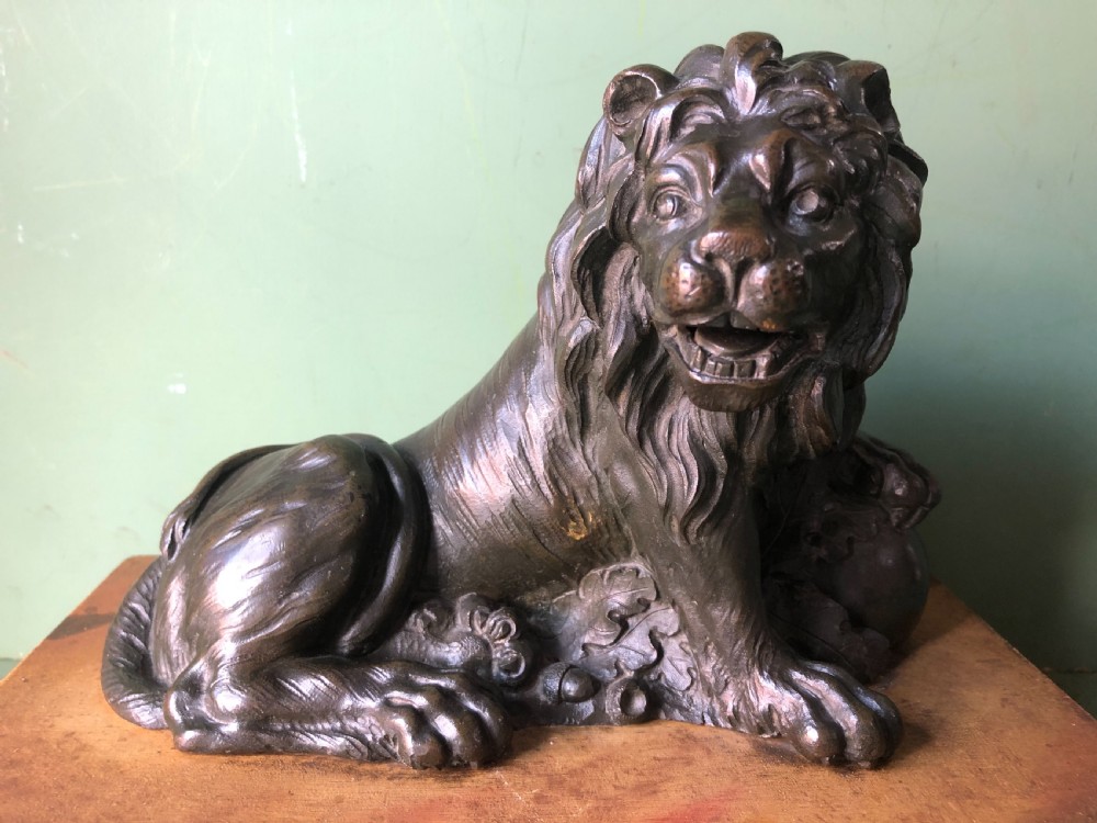 Fine pair of C18th Italian bronze lions mounted on ‘faux’ marble decorated plinth bases . View XXII