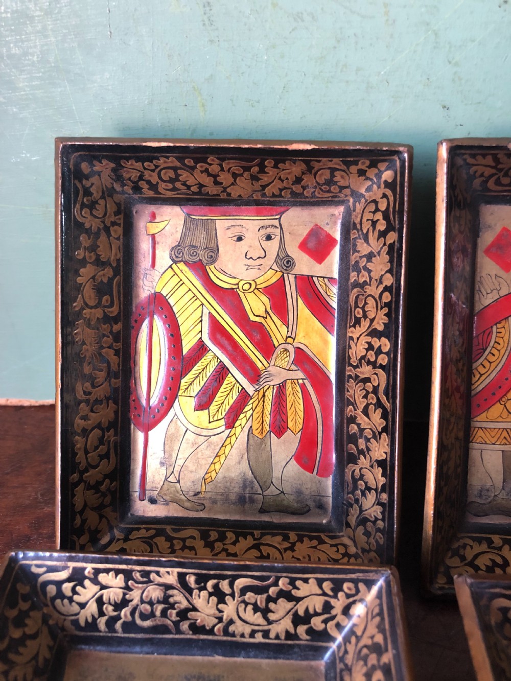 Interesting and decorative set of 7 mid C19th Chinese Export lacquer miniature trays for holding gambling chips . View III
