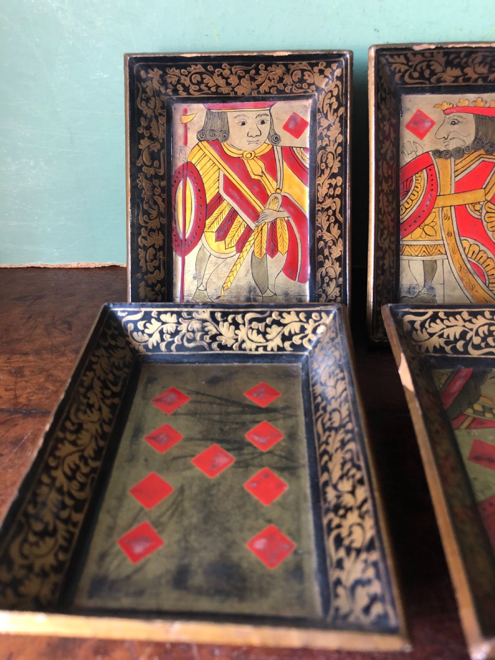 Interesting and decorative set of 7 mid C19th Chinese Export lacquer miniature trays for holding gambling chips . View IV